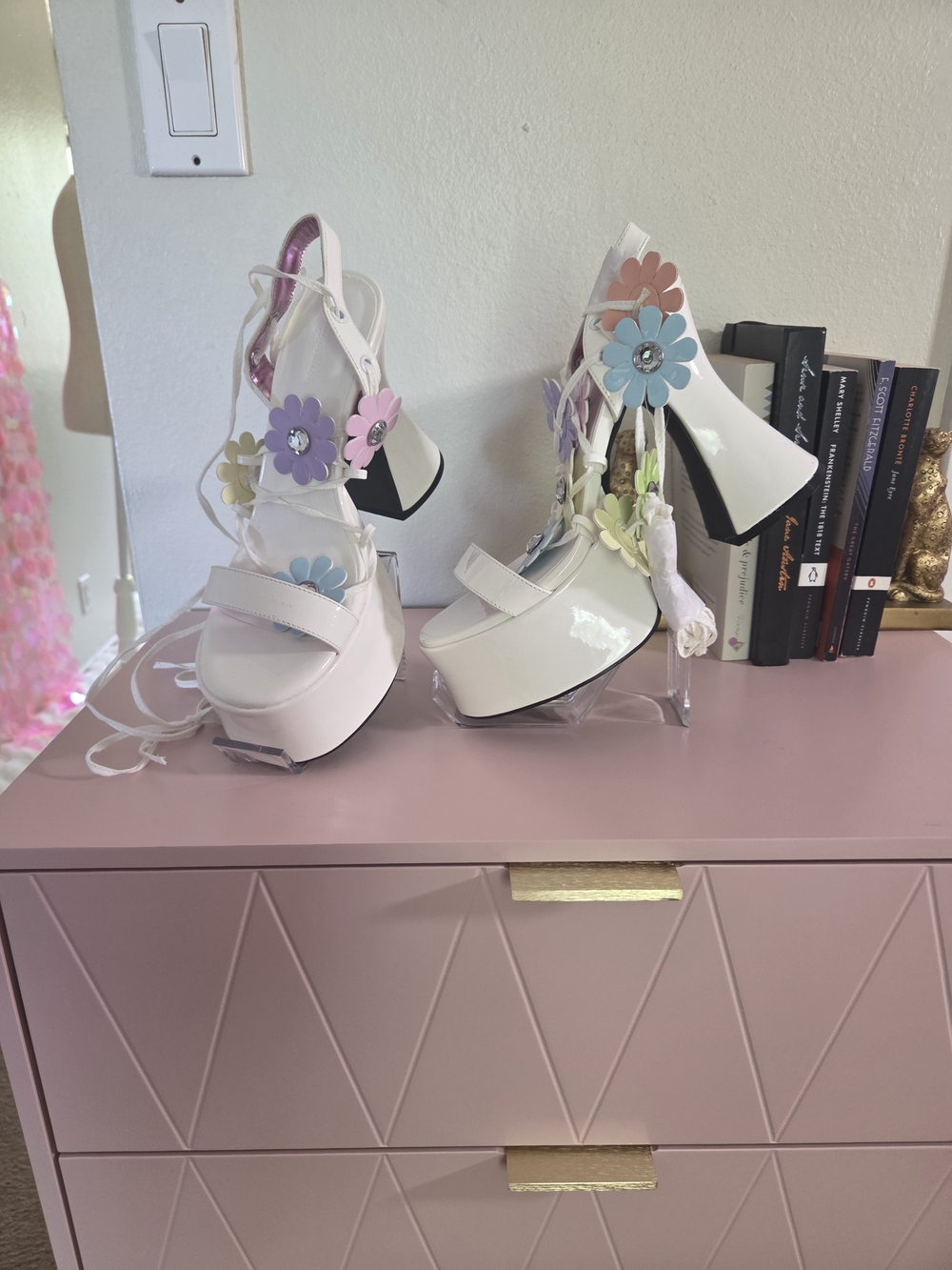Sugar Thrillz White Patent Platform Heels with Pastel Flower Appliqués